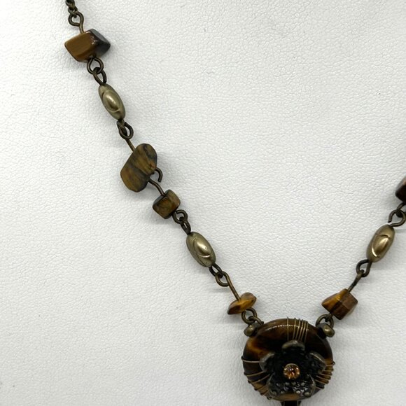 Avon Tiger Eye Necklace Dangle Floral  Vintage Brass-tone up to 19 inches - Picture 8 of 15